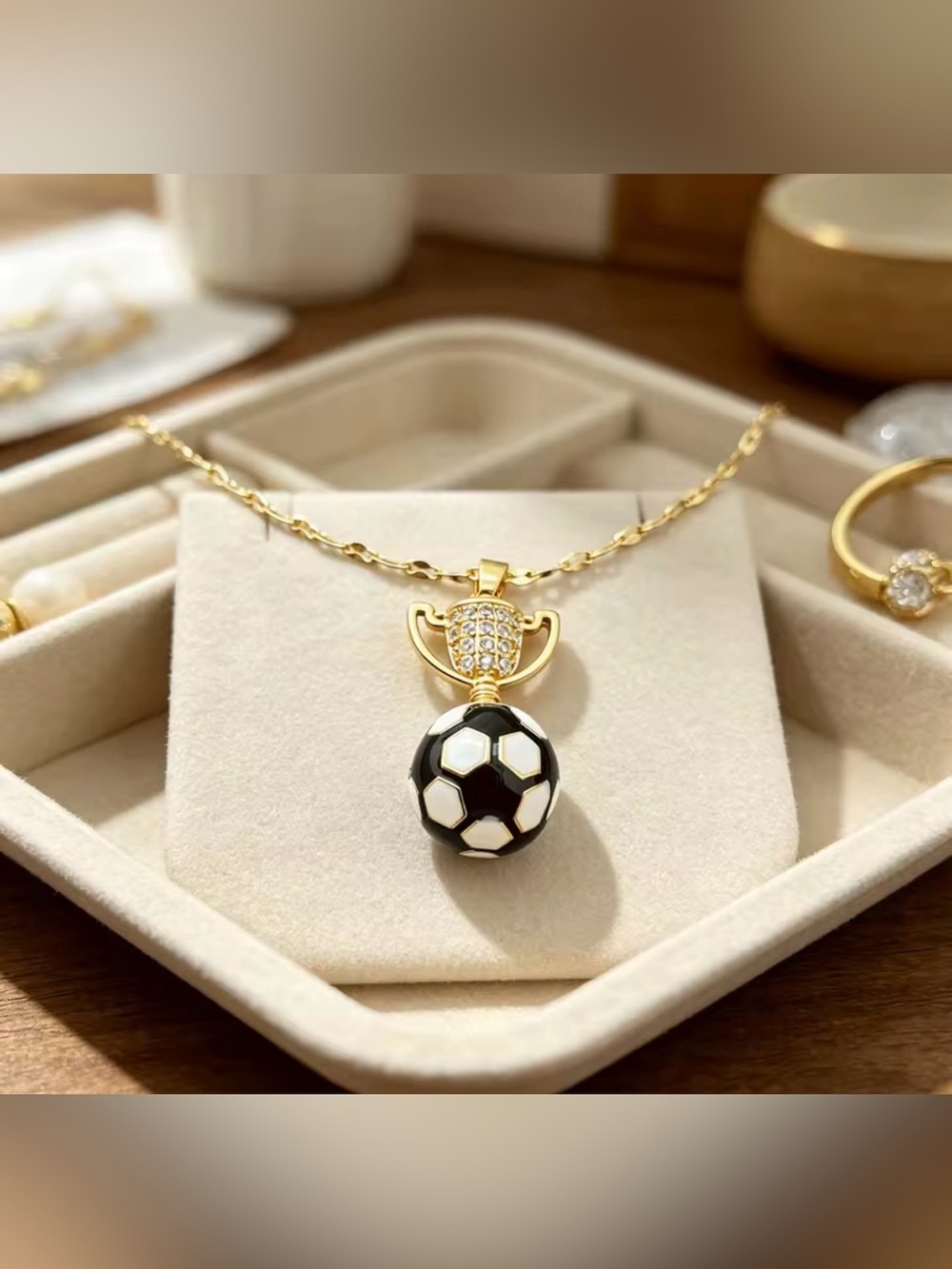 18K Gold Soccer Ball Trophy Enameled Micro Pave Diamond Inlay Pendant Necklace - Picture 3 of 12